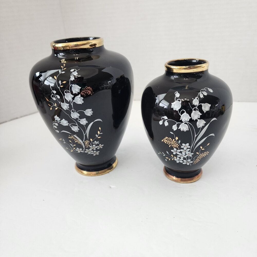 B H Geschenke German Vases Art Pottery Signed Floral Trees Gold Trim Set of 2